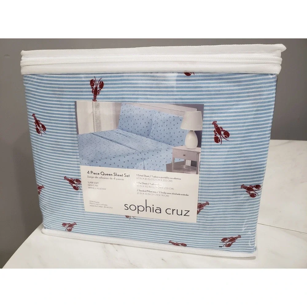 NEW 4 PC QUEEN SIZE sheet set lobster print nautical beach blue chambray stripes